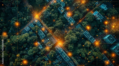 An overhead view of a sprawling urban landscape with advanced power infrastructure, highlighting smart grid implementation and energy management practices.