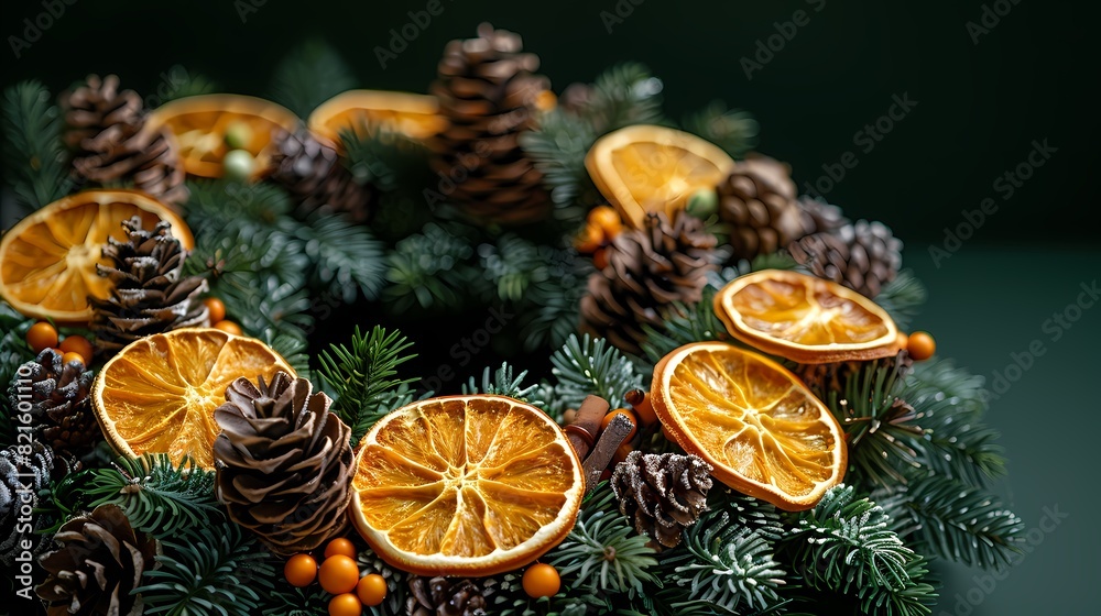 **: A wreath made of dried citrus slices, cinnamon sticks, and pine cones, hung against a solid green background, infusing the space with a warm and inviting aroma for the holiday season? **: A wreath made of dried citrus slices, cinnamon sticks, and pine cones, hung against a solid green background, infusing the space with a warm and inviting aroma for the holiday season?