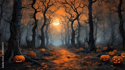 Neural network-generated artwork depicting a frightful Halloween woodland with frightening dark trees and pumpkins on the ground