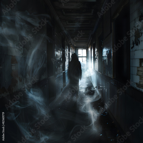 Conceptual illustration of a spectral apparition haunting an abandoned asylum.
