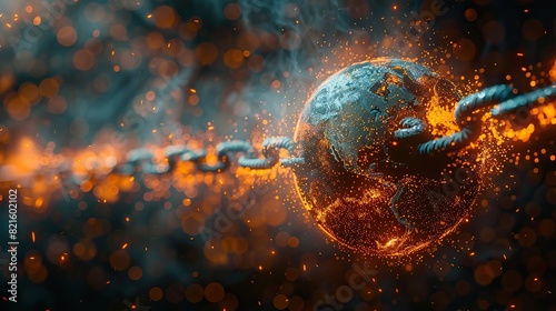 An abstract depiction of chains breaking around a globe, symbolizing global liberation and the triumph of democratic ideals. photo