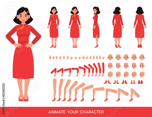 Chinese businesswoman wear red dress character vector illustration design. Create your own pose.