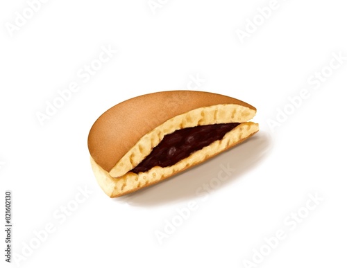 Dorayaki, a digital painting of Japanese pan cake with azuki red bean sweet pastry illustration isolated on white background.