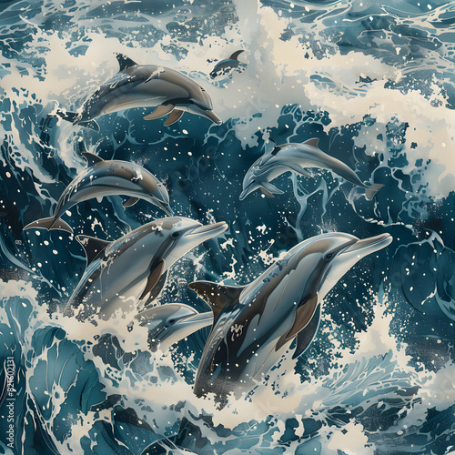 Dolphins in the water in painting style. photo