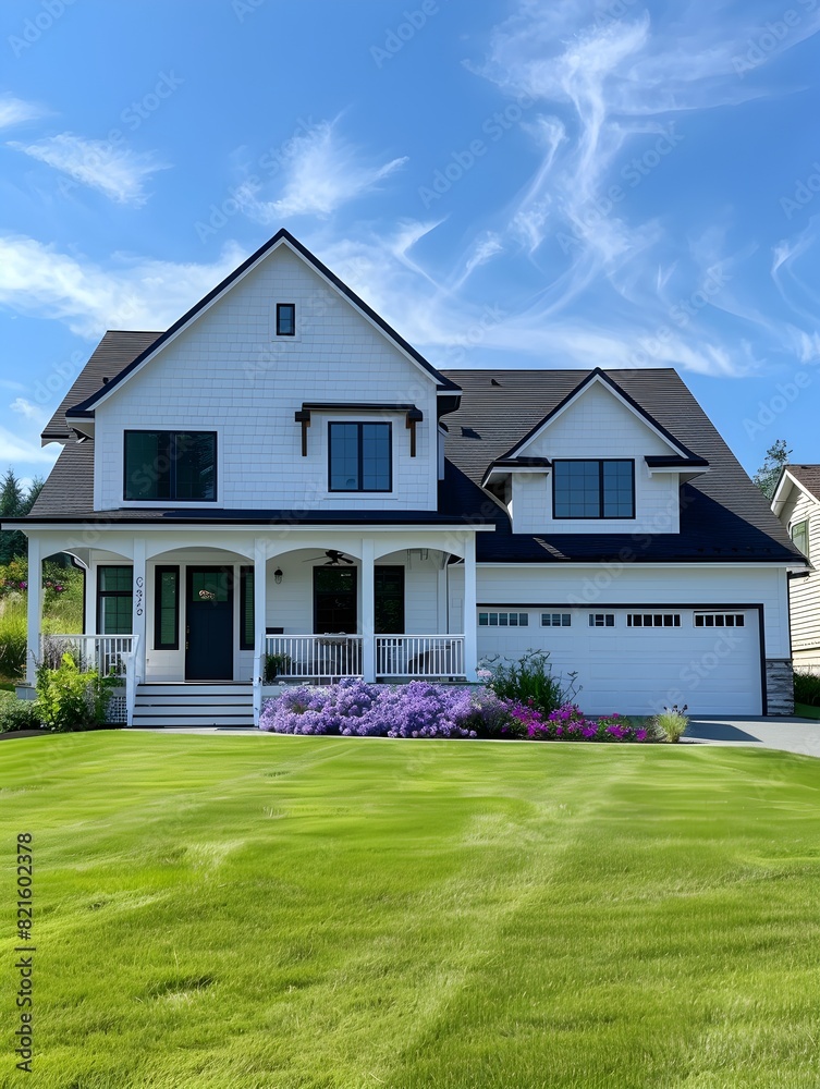 Beautiful white home with a large front yard and landscaping in the city of Zum Blade, Washington state