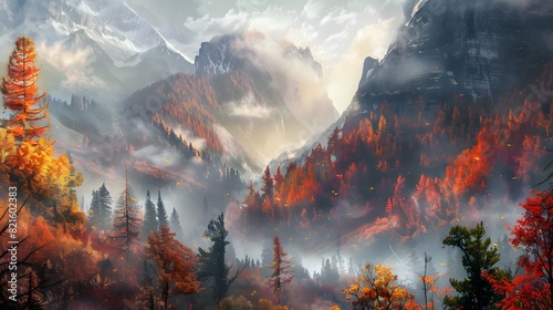 a mountain forest landscape in autumn with a multi-colored backdrop