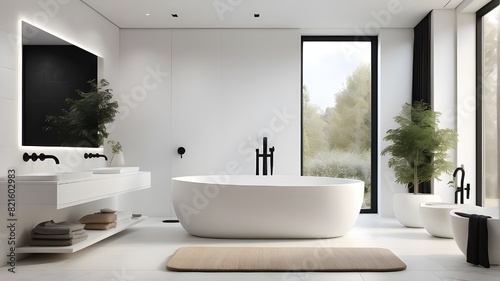 A clean and contemporary bathroom with a big shower and an opulent freestanding tub with generative artificial intelligence  complete with a minimalist white vanity and sleek black fittings