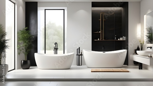 A clean and contemporary bathroom with a big shower and an opulent freestanding tub with generative artificial intelligence  complete with a minimalist white vanity and sleek black fittings