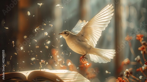 A conceptual artwork of a bird flying out of an open book, symbolizing the spread of knowledge and freedom. photo