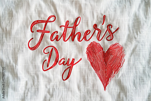 A Father's Day card with a white linen background, "Father's Day" in elegant cursive, and a red heart drawn in watercolor style.