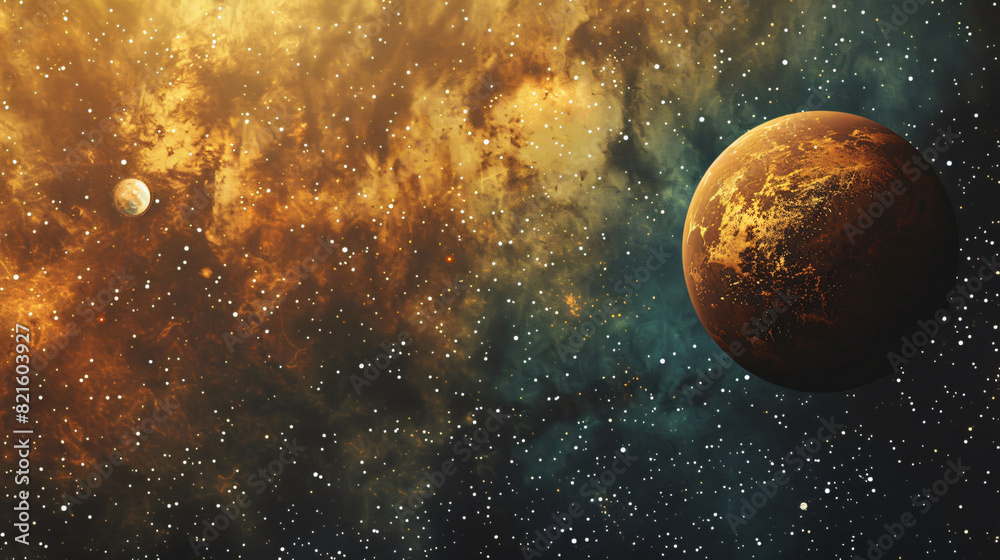 Obraz premium Orange and blue texture with a space background for astronomy and science fiction, featuring a planet, stars, and nebula, with copy space text, perfect for space documentaries and science 
