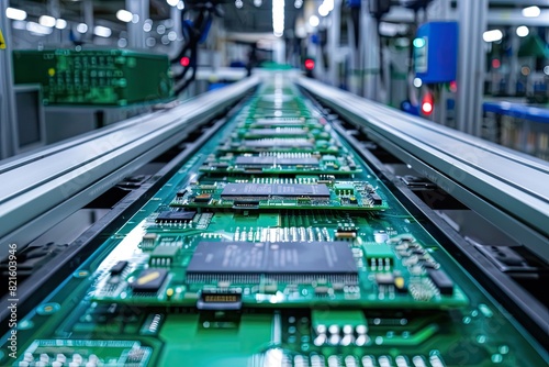 Electronics manufacturing facility displaying circuit board assemblies on a conveyor.