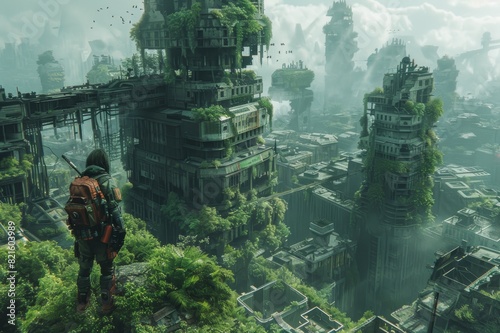 A lone adventurer explores a stunning post-apocalyptic cityscape overgrown with lush greenery, symbolizing nature reclaiming urban ruins.