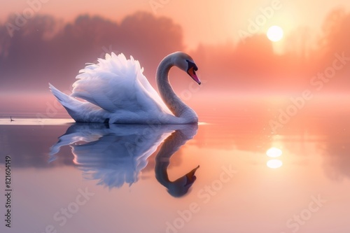 Elegant white swan swimming in tranquil lake at serene sunrise, reflecting on water with vibrant sky in background.