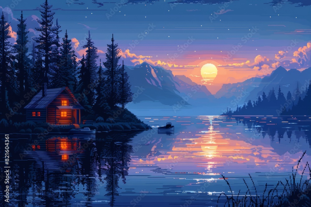 Fototapeta premium Serene cabin by the lake with glowing sunset and mountain view, surrounded by trees and calm water reflection.