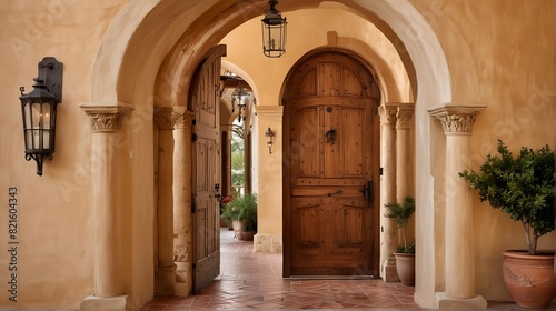 Aesthetic entrance hall with natural materials  the warm colors  and the arched doorways. Selective focus