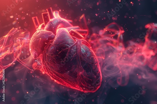 Vivid digital rendering of a human heart with ethereal smoke effects. Perfect for medical, science, and healthcare concepts in artistic style.
