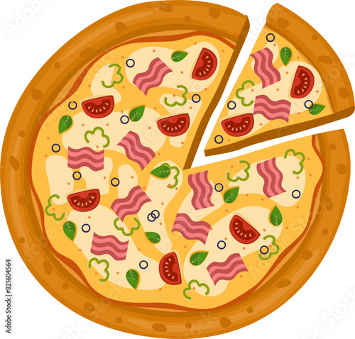 Capicciosa Pizza. Vector illustration of italian pizza. Pizza with ham, basil, tomato, peppers and cheese