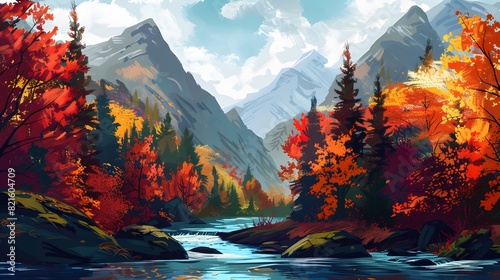 a mountain forest landscape in autumn with a multi-colored backdrop