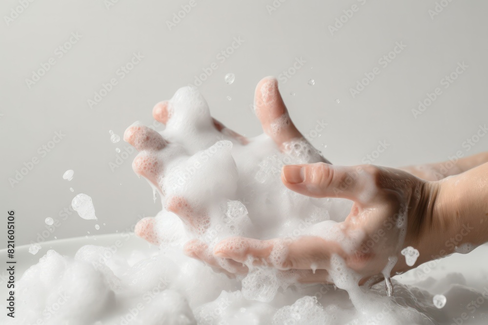 Close-up of hands playing with a mass of foamy bubbles on a light background.hygiene and cleanliness concept Close-up of hands playing with a mass of foamy bubbles on a light background.hygiene and cleanliness concept