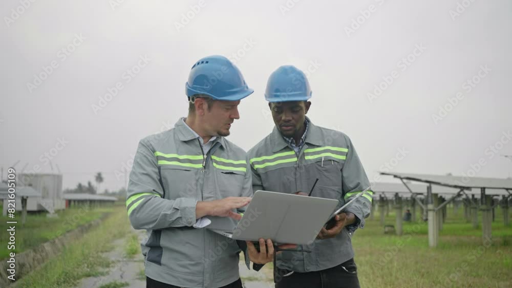 African american technician and caucasian engineer check the maintenance of solar panels or solar station.Black man engineers and engineer wearing blue hard hat in new building holding solar panel African american technician and caucasian engineer check the maintenance of solar panels or solar station.Black man engineers and engineer wearing blue hard hat in new building holding solar panel