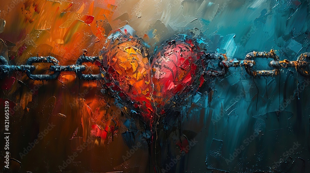 An abstract painting of a heart with chains breaking away, symbolizing emotional and societal liberation.