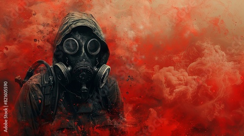 Someone wearing a gas mask comes out of the red smoke