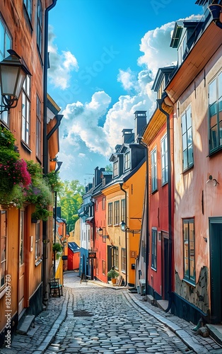 Fototapeta Naklejka Na Ścianę i Meble -  Beautiful old street in the city of Sweden with colorful houses, cobblestone streets and blue sky