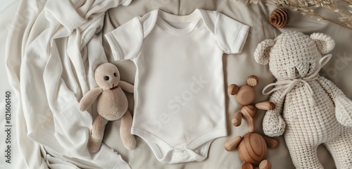 A white cotton baby bodysuit and natural wooden toys set against a cozy fabric backdrop. 