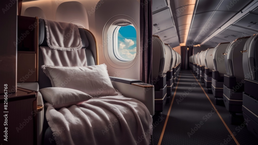 Fototapeta premium A plush, fully reclining airplane seat with a soft cushion and blanket, located in front of large windows offering views of the sky.copy space.Suitable for luxury travel advertising