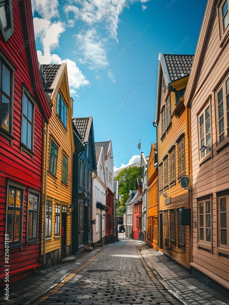 Beautiful street view of wooden houses in Norway