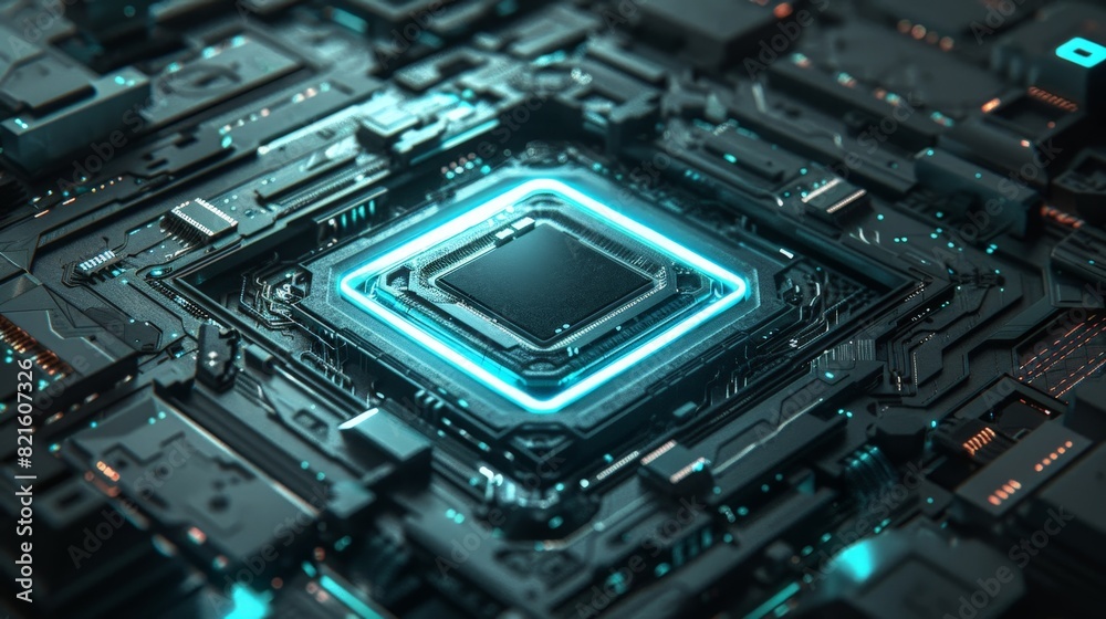 A high-tech chip surrounded by glowing blue light and metallic textures, Central Computer Processors CPU concept A high-tech chip surrounded by glowing blue light and metallic textures, Central Computer Processors CPU concept