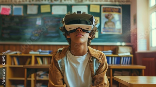 A young high school student sitting in a classroom with virtual reality goggles, Contemplative atmosphere