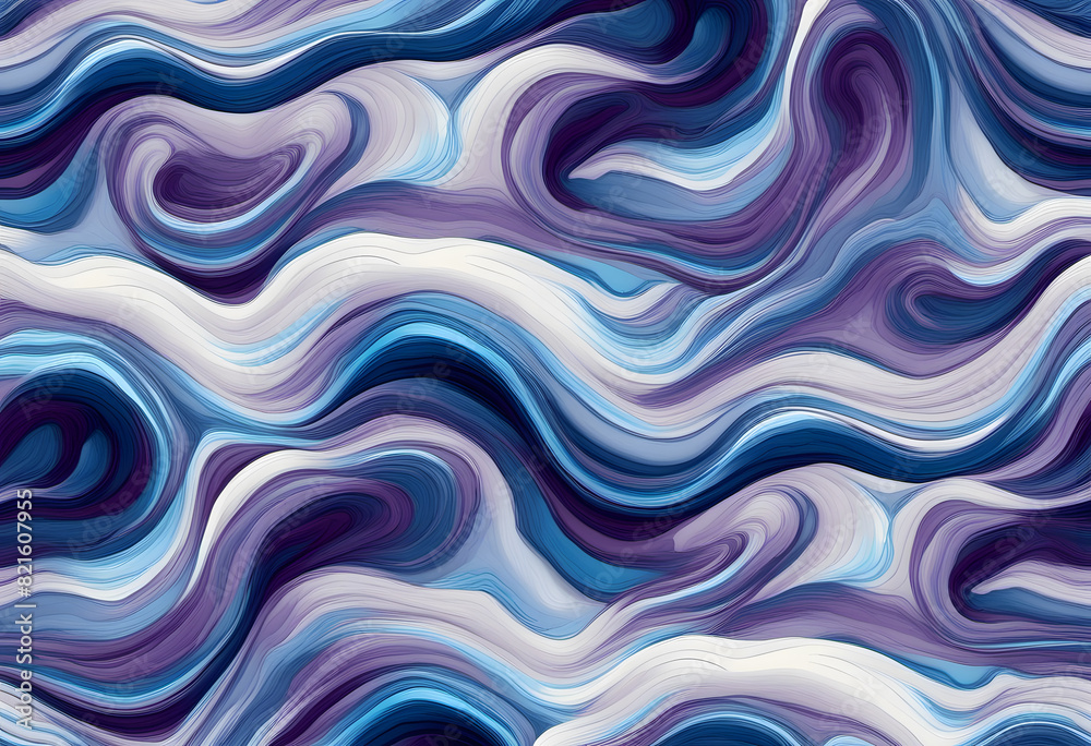 Abstract wavy pattern with shades of blue, purple, and white. The design features fluid, swirling lines creating a dynamic and flowing appearance.