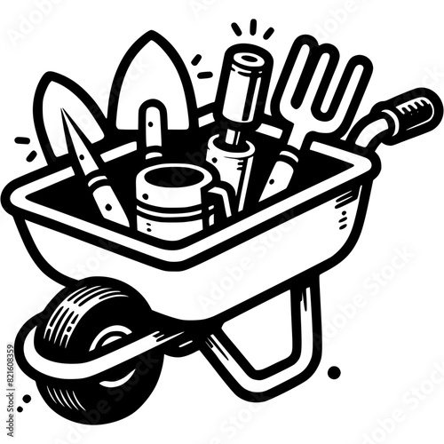 Garden wheelbarrow filled with hand tools in monochrome. Rakes shovels and hoes stacked in farm cart. Simple minimalistic vector in black ink drawing on transparent background