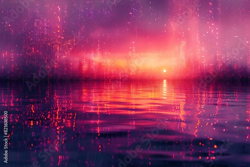 vibrant violet digital pixel glitch of Serene Sunset over City Skyline with Reflections in Water
