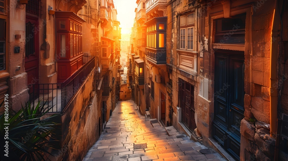 Sunset Glow Bathes the Historic Narrow Streets of Valletta Malta in a Golden Light