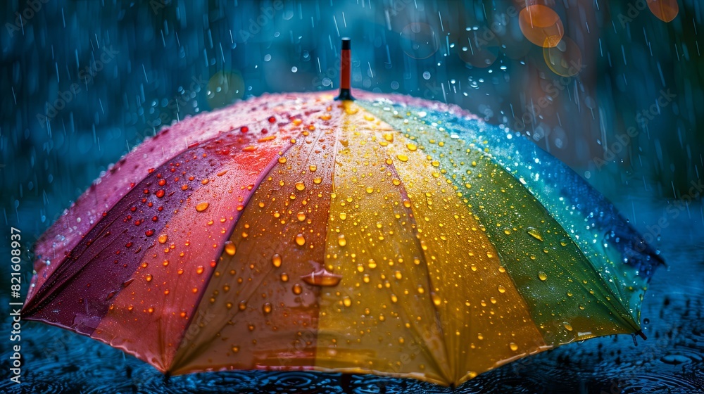 Artistic photograph of a rainbow umbrella in the rain, symbolizing protection and pride