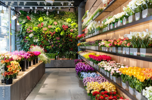 Flower shop interior design, flower wall behind the counter, lots of flowers on shelves and in vases, green plants, concrete floor © Kien