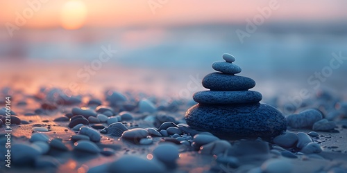 Balanced Pebbles at Serene Sunset Coastline Capture Mindfulness Essence