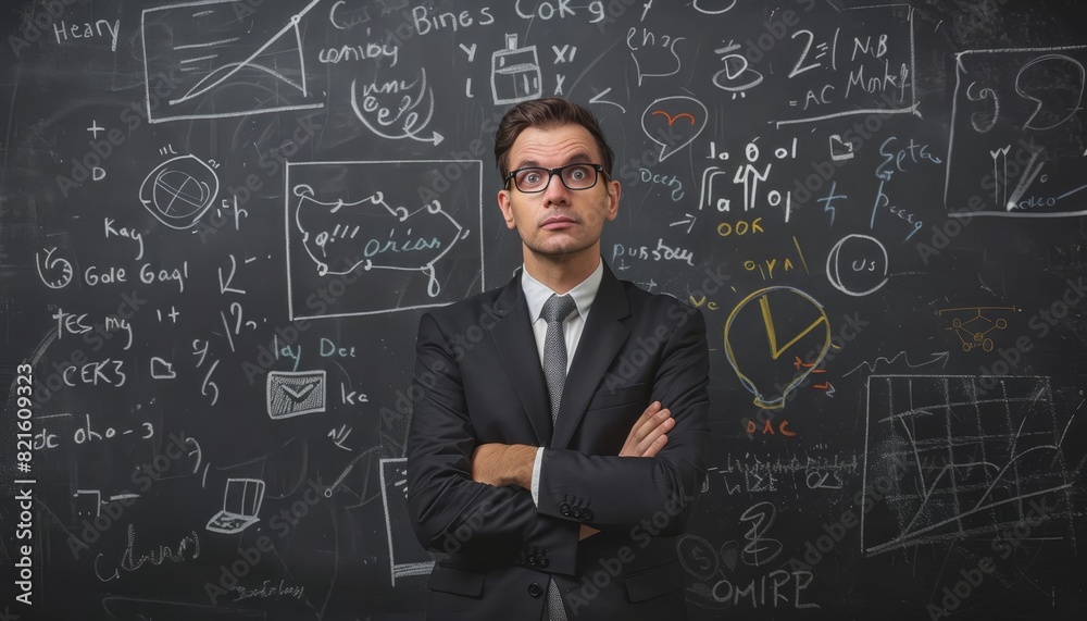Businessman with arms crossed in front of chalkboard. Businessman with arms crossed in front of chalkboard.