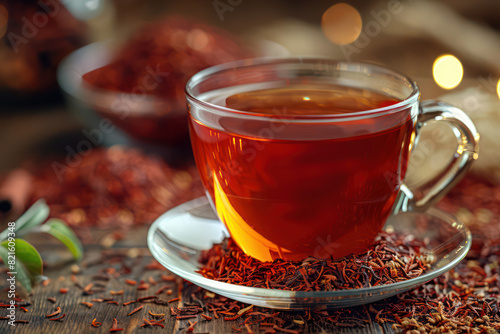 South African Rooibos tea healthy traditional herbal, deep red color, herbal and caffeine-free, served in a glass cup. Method of brewing and storage. Generative AI