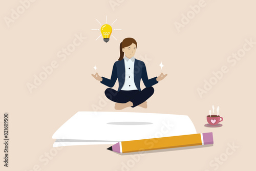 Writer inspiration, blogger, copywriter or journalist creativity concept, young woman writer meditate on blank paper thinking about idea to write in her blog or journal.