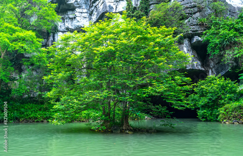 Landscape of Vu Cung at Tam Coc National Park. It was the place where the Tran Dynasty's struggle against the Nguyen Mong army took place and was also the practice place for feudal kings in Vietnam. photo