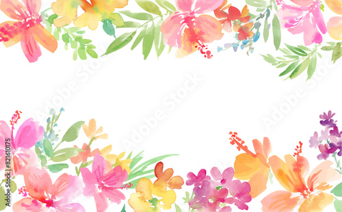A vector frame illustration of abstract hibiscus and tropical flowers painted in watercolor