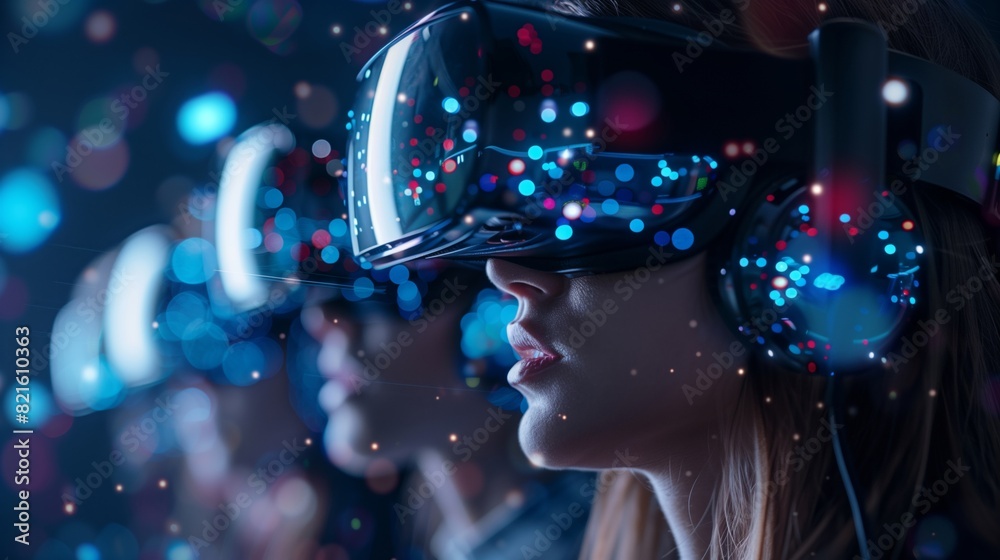 A group of people wearing virtual reality headsets and headphones, deeply immersed in a vibrant, digital VR environment. A group of people wearing virtual reality headsets and headphones, deeply immersed in a vibrant, digital VR environment.