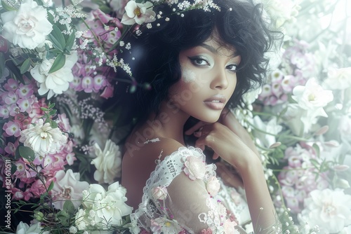 Captivating portrait of a beautiful young woman surrounded by a lush array of delicate pink flowers, showcasing her elegance and natural beauty in a dreamy and serene setting.