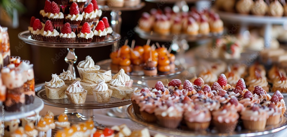 Festive dessert table with assorted sweets, including cakes, pastries, and candies, beautifully arranged. 