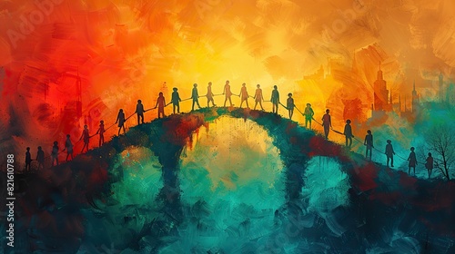 A drawing of a bridge with people walking hand in hand, symbolizing connection and cooperation in a democratic society.