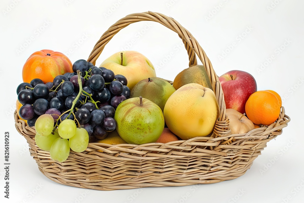 Fresh fruits arranged in a wicker basket on a white background Fresh fruits arranged in a wicker basket on a white background